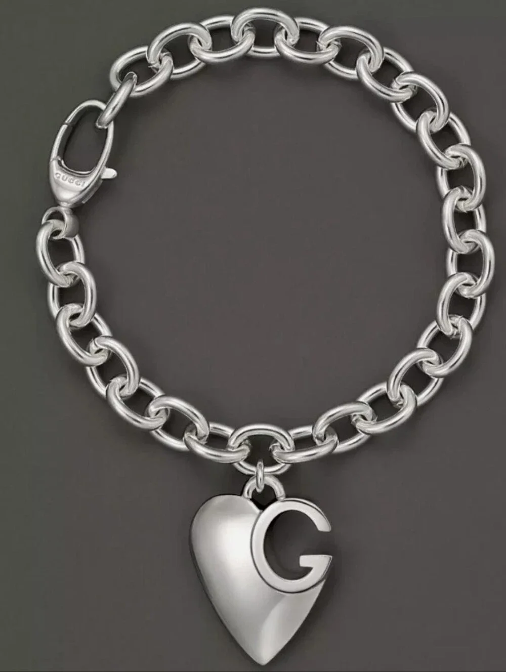 🫰Gucci 925 Sterling Silver Heart Charm Link Bracelet GG design - Picture 2 of 7